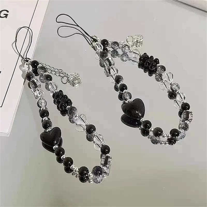 

2 Pieces Trendy Pendant Korean Y2K Black Bear Heart Phone Chain For iPhone For Samsung Universal Accessories Phone Hanging Rope