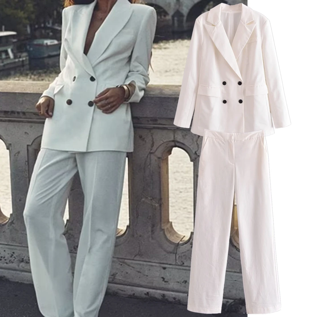 Dave&Di French Fashion Ladies Vintage Double Linen Blazer Party Breasted Casual Straight Leg Trousers Suits Women
