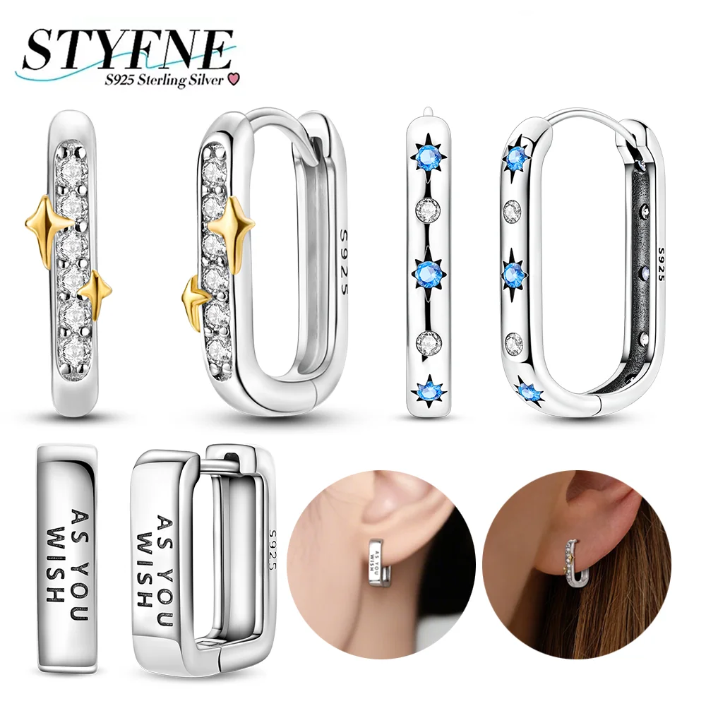 925 Silver Engraved Letter Hoop Earrings Shining Zircon Stars Earrings Daily Accessories Birthday Anniversary Gifts for Women