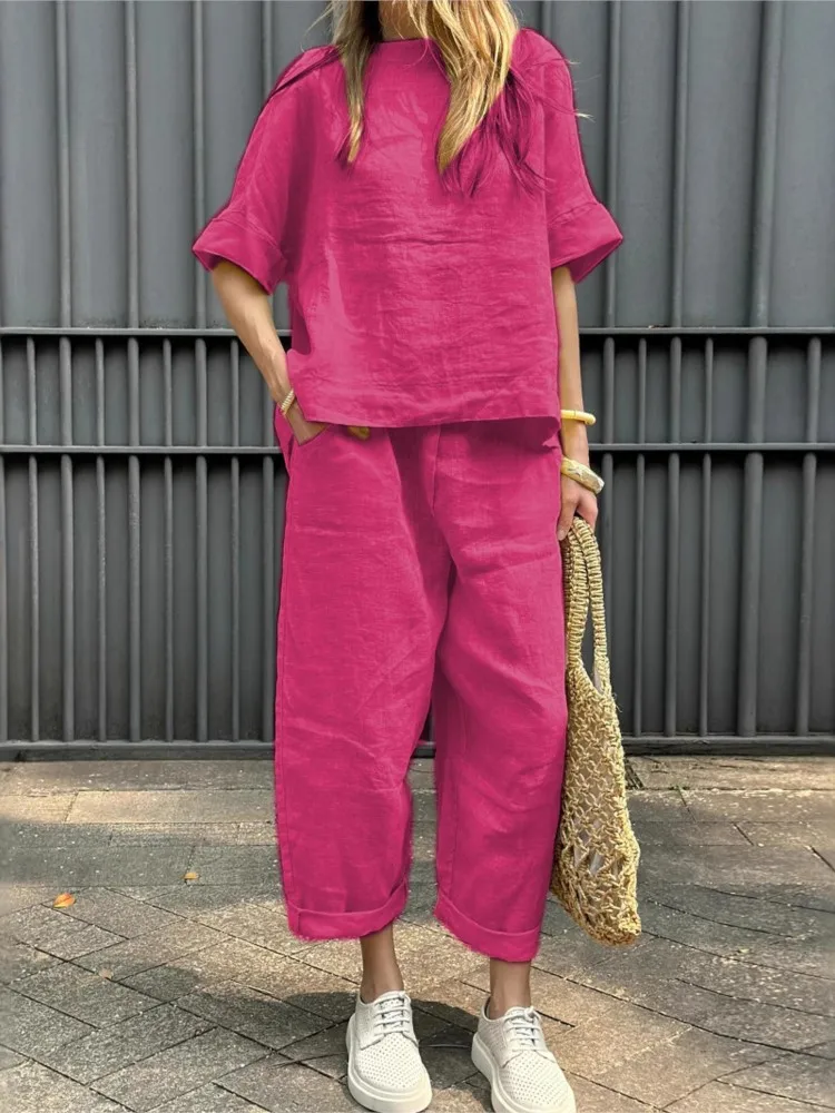 

New Fashion Casual Two-piece Set 2025 Short-sleeved Top Loose Trousers Women's Suit Summer Solid Color Commuting Two-piece Set