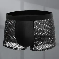 Men Summer Underwear Mid-rise Wide Elastic Waistband Boxer Briefs U-convex Thin Ice Silk Mesh Shorts Panties Underpants