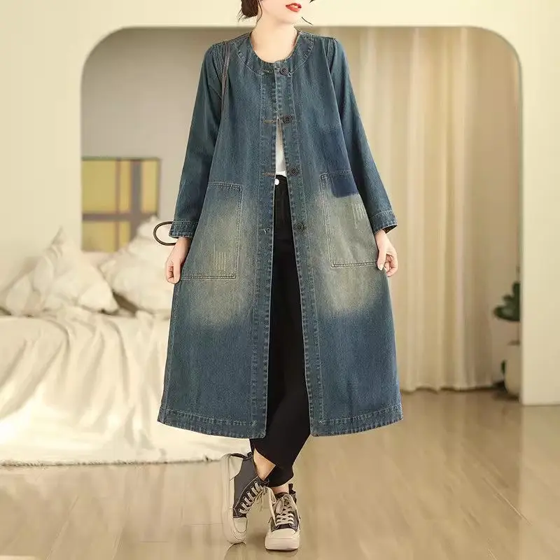 Lente En Herfst Vrijetijdsjurk Met Lange Mouwen Denim Jasje Jurk Voor Dames 2024 Mode Vintage Roun Hals Jeans Windjack Robe Z4598