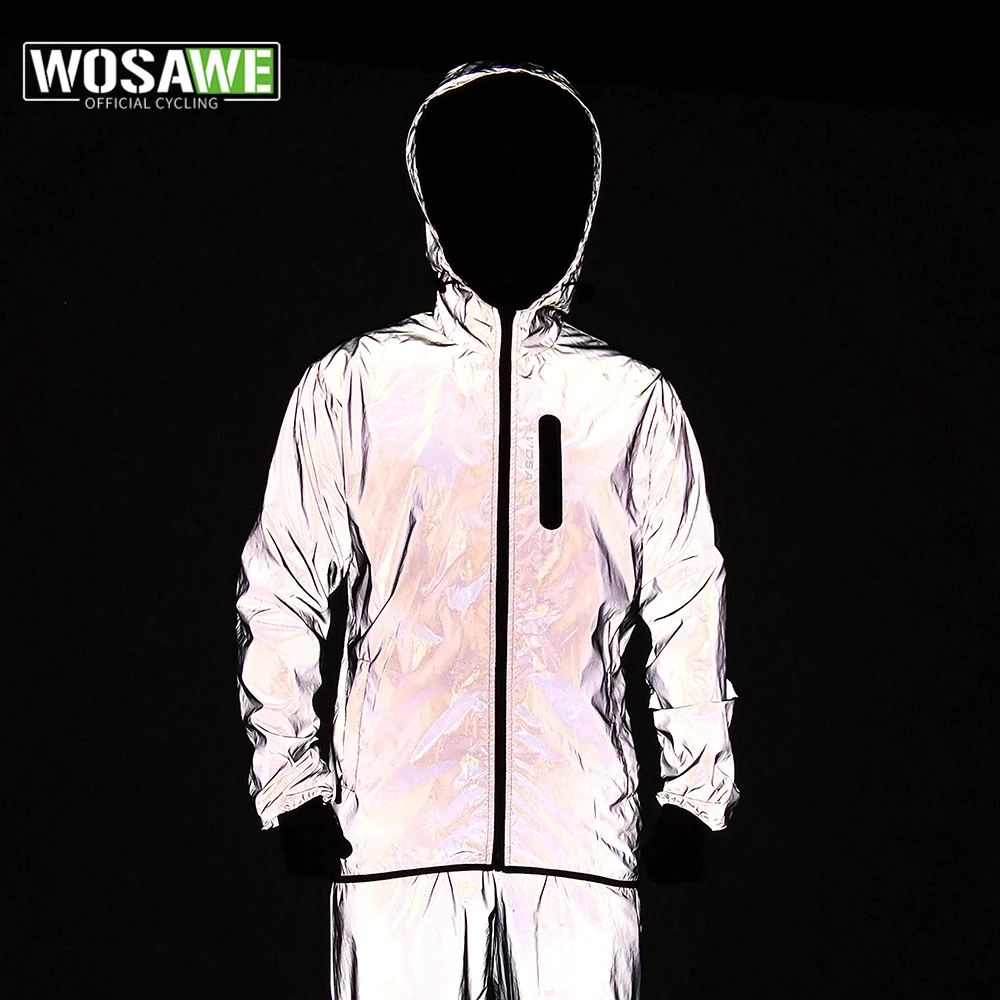 WOSAWE Night Reflective Jackets Double fabric Windbreaker Hooded Cycling Jacket Waterproof Running Hip Hop Zipper Coats Outwear