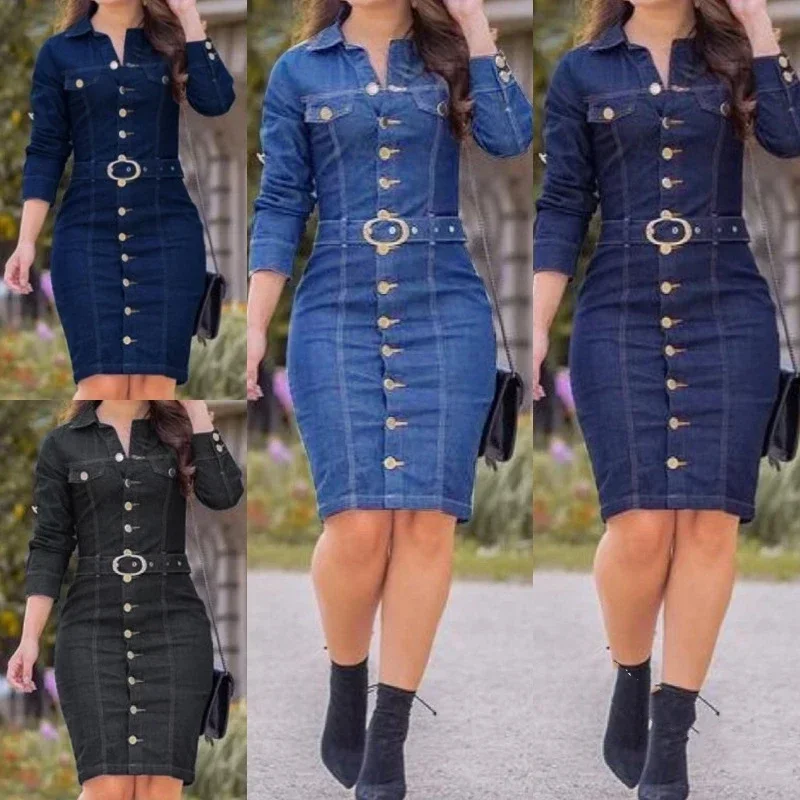 

Denim Dress Women Lapel Slim Elegant Pencil Dresses Long Sleeve High Waist Singl-Breasted Jeans Vestidos Largos Mujer Mo Jeans