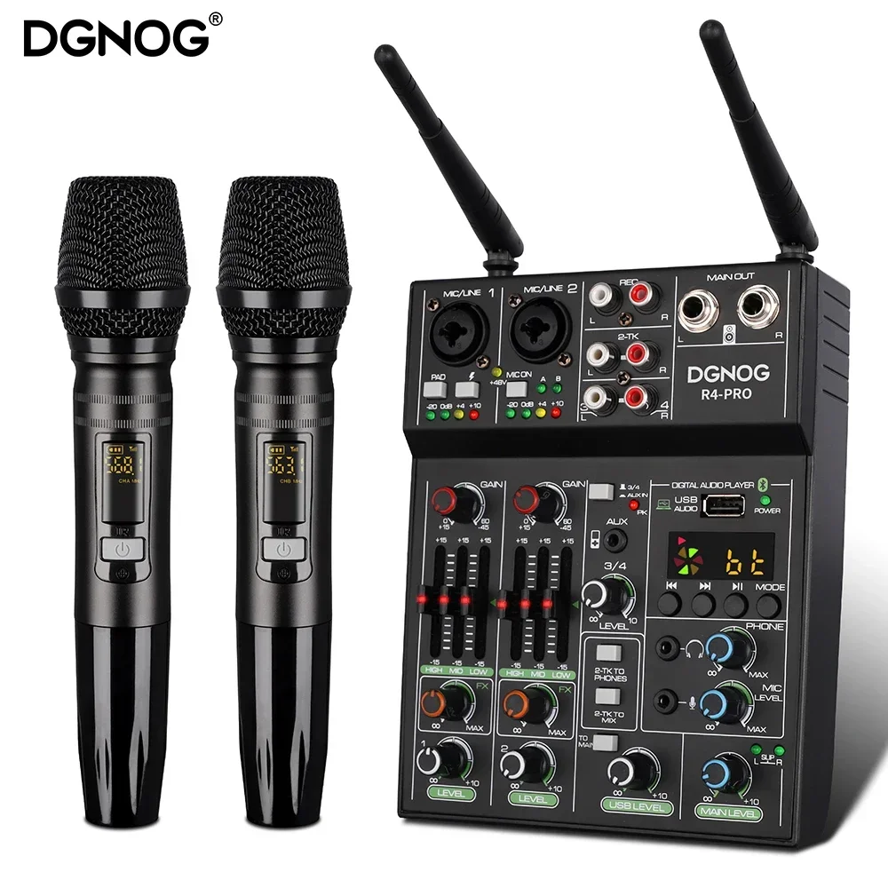 Table de mixage audio 4 canaux avec microphone sans fil, Console Bluetooth pour DJ Mixing lors de soirées, Barre de son pour machine de karaoké