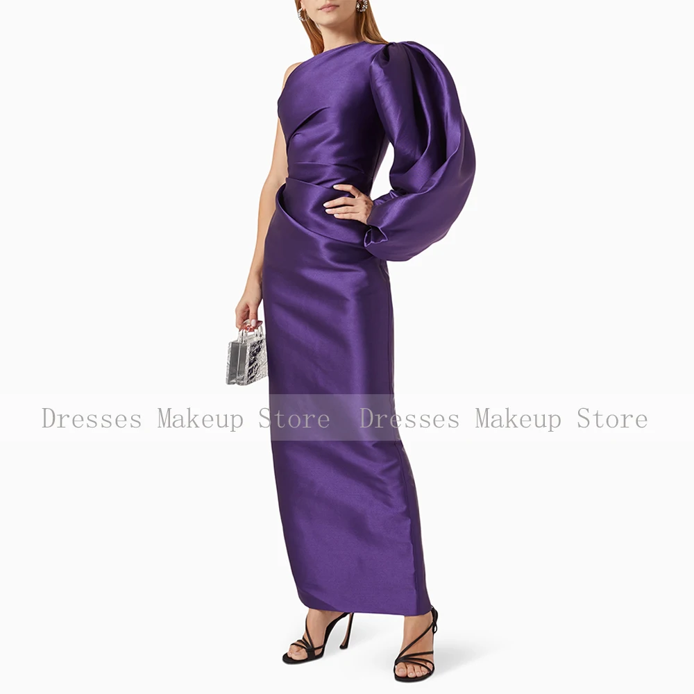 Purple Wedding Party Dresses for Women One Shoulder Puff Sleeve Formal Gowns Maxi Sheath/Column Pleats Evening Dress Custom Made