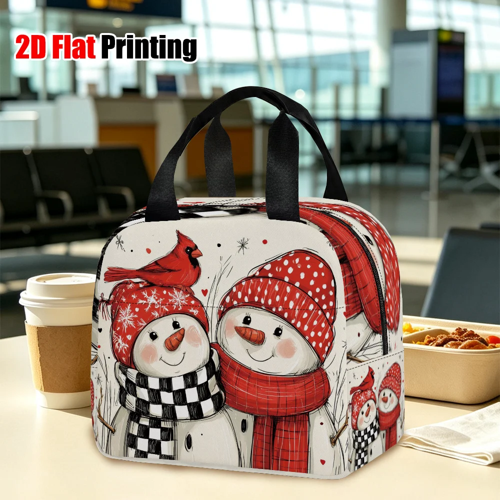 2D Flat, 1pc Christmas Snowman Cardinal Duo Pattern Insulated Bento Bag, Non-Food Contact, Aluminum Foil Lined Multi-functional