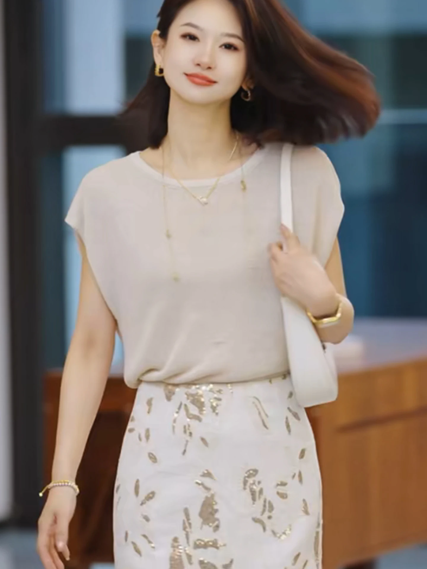 

Loose Fit round Ne ort Sve Knitwear Women's Casual Sle Slimming Effect Color Design Comfortable Summer Top