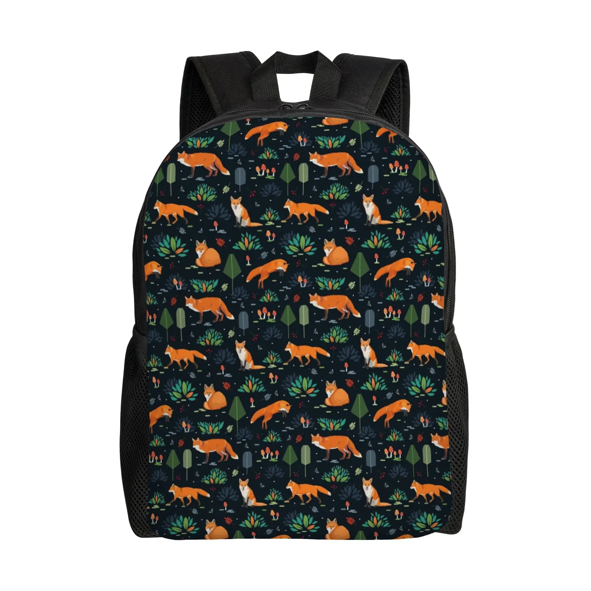 

Men's Fashion Fox & Forest Backpack - Dark Green with Orange Fox, Black Green Leaf Pattern, Durable Single