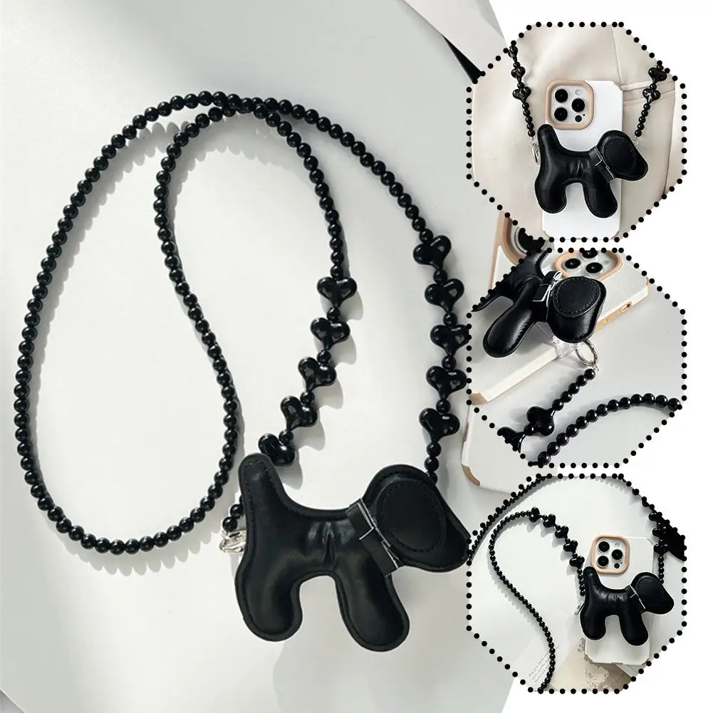 High-quality And Exquisite PU Leather Phone Strap Trendy Niche Brand Black Lanyard Phone Strap Anti-lost Charm Dog Chain Cu E2Q2