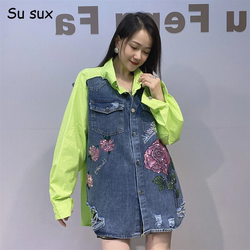 

Flower Sequins Denim Patchwork Blouse Jacket Woman 2025 Autumn Y2k Clothes Casual Turn Down Collar Oversized Coat Top Streetwear