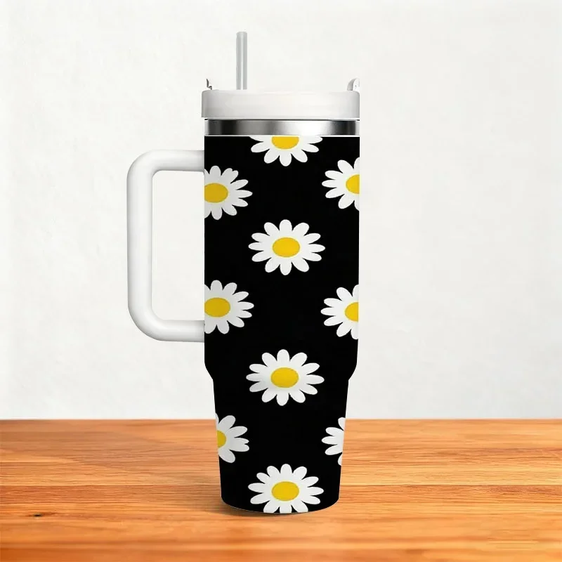 Stainless Steel 40Oz Insulated Tumbler, Minimalist White Daisy with Yellow Center Digital Print on Black Background, Reusable Insulated Beverage Cup for Home, Office And Outdoor Daily Use