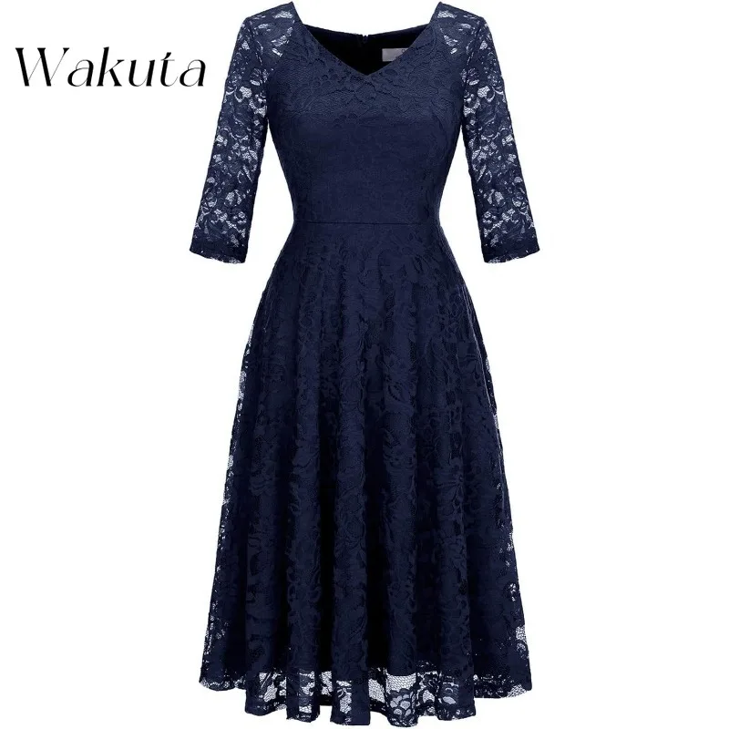 Wakuta Womens Long-Sleeve A-Line Lace Homecoming Bridesmaid Midi Dresses Wedding Guest Formal Party Dresses Mother of The Groom