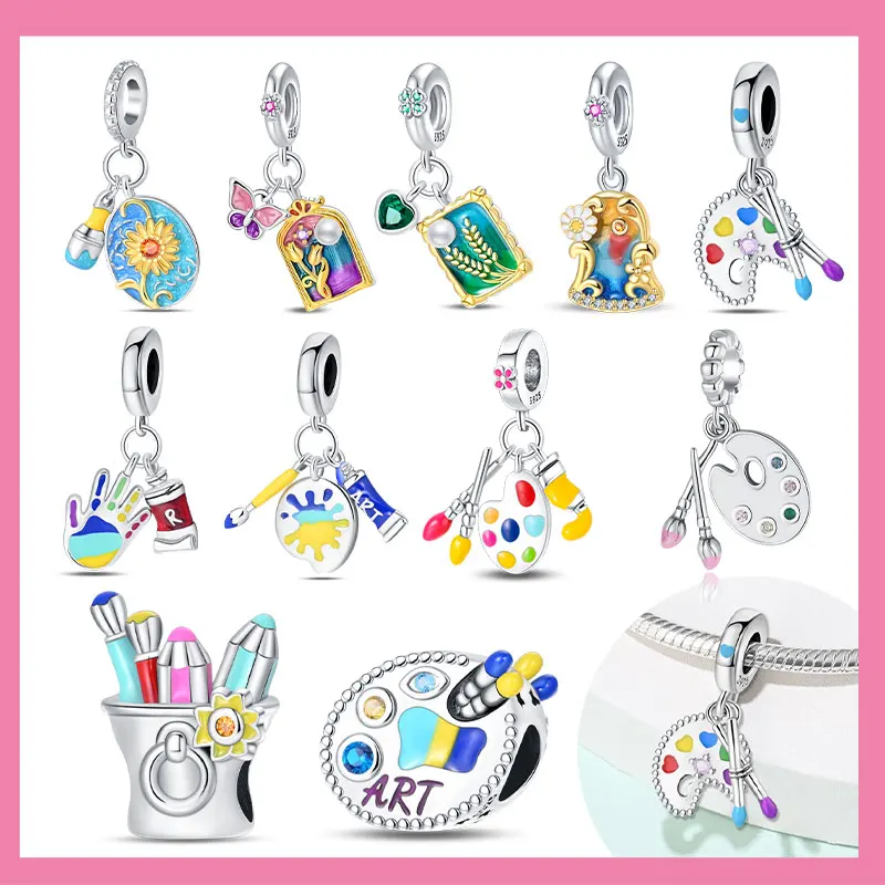 925 Sterling Silver Artist Brush Tools Color Palette Oil Painting Charms Girl Beads Fit Necklace Bracelets DIY Jewelry Gifts