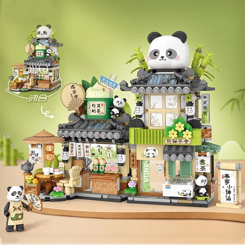 Cute Panda Tea House Mini Building Blocks City Street View Folding Store Assembled Ornaments for Adults and Children Toy Gifts