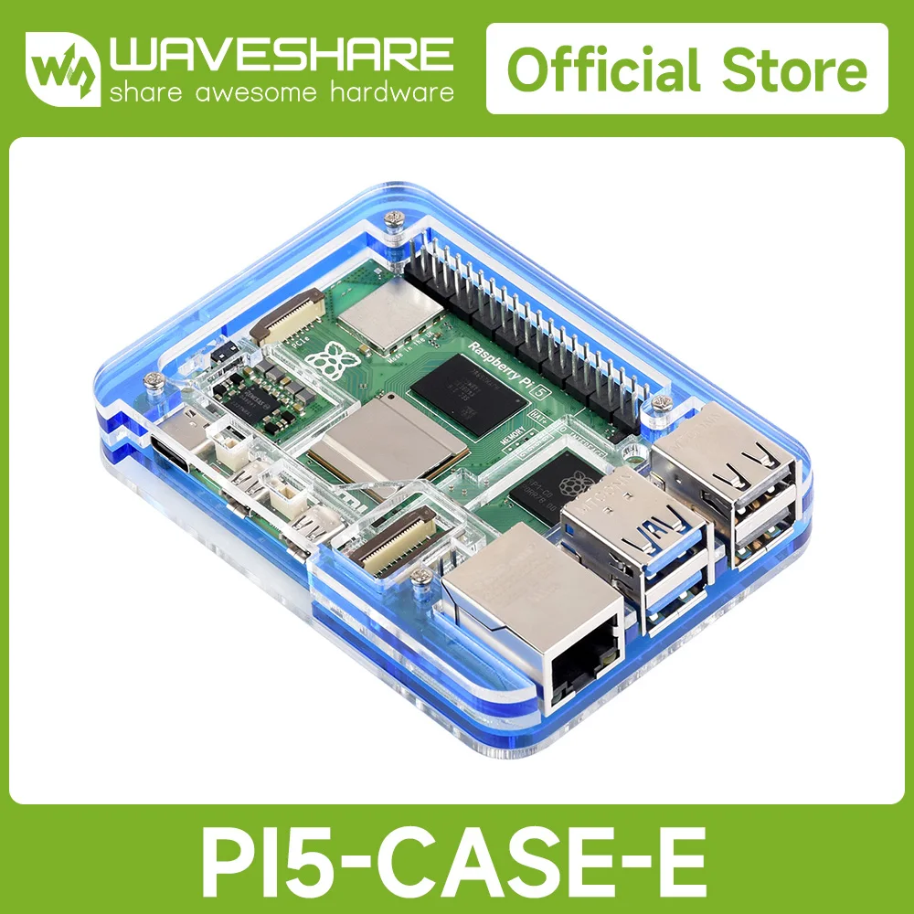 

Waveshare Transparent and Blue Acrylic Case for Raspberry Pi 5, Supports installing Official Active Cooler