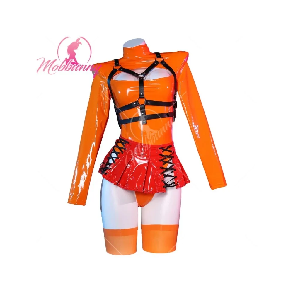 Mobbunny Vrouwen Velma Cosplay Kostuum Vrouwen Lingerie Oranje Borst Open Bodysuit En Vetersluiting Mini Rok Met Sokken Voor Halloween