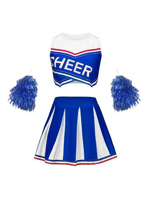 Cheerleading Uniform Sleeveless Crop Top Pleated Skirt Set Free Bonus Lace Flowers & Socks For Sports Competition Halloween view 4