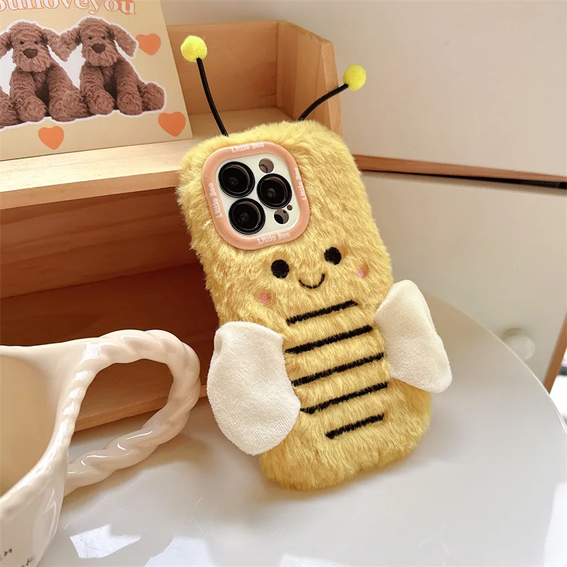 Korean Fluffy Fur Plush Cartoon Bee Lens Bracket Phone Case For iPhone 17 16 15 14 13 12 11 Pro Max Shockproof Protective Cover