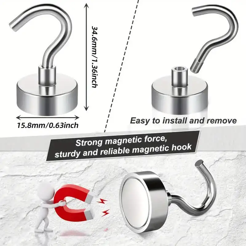 6 strong magnetic hooks, 25 pound strong neodymium iron boron magnetic hooks, suitable for refrigerators, homes, kitchens, indus