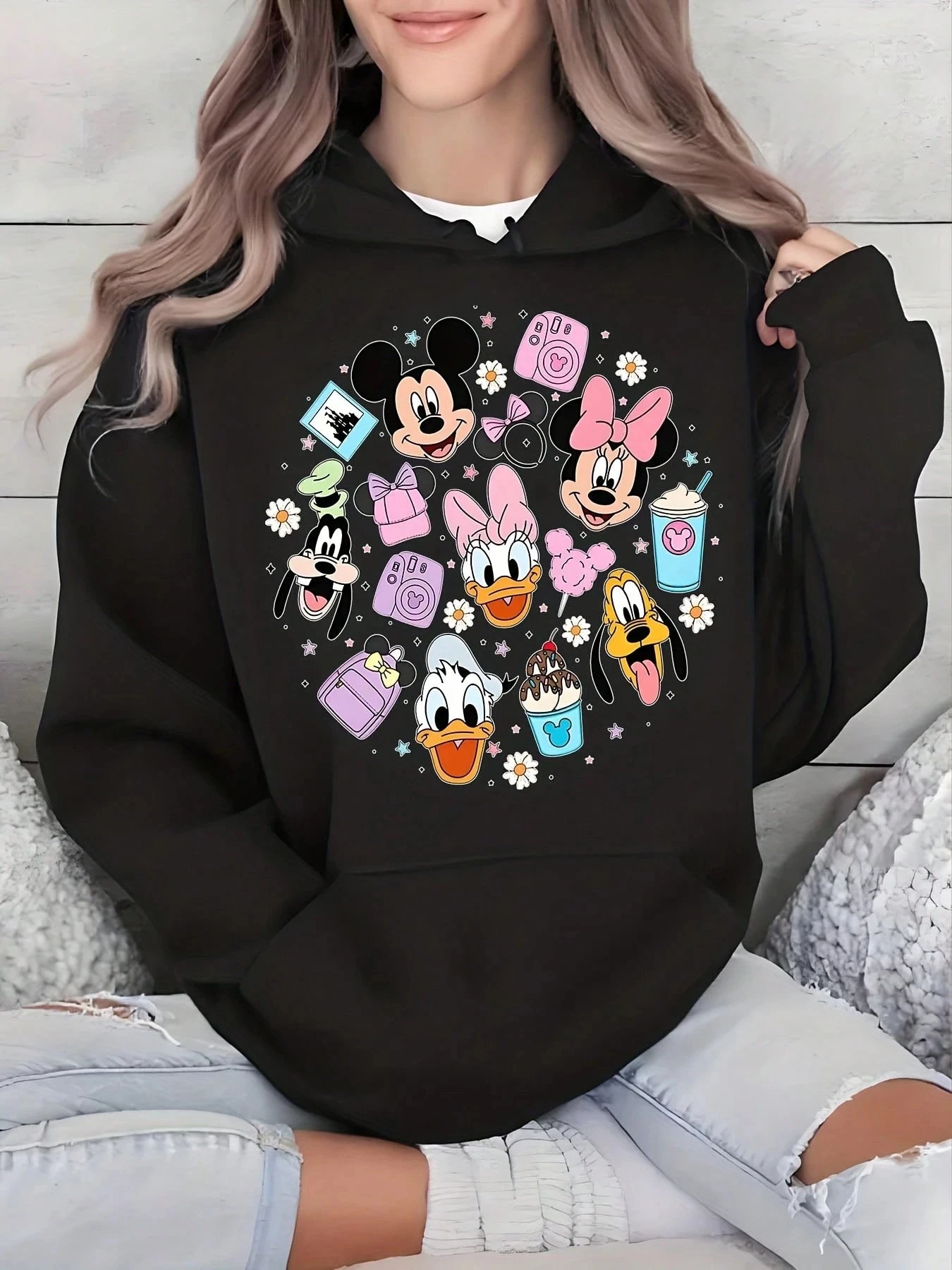Disney Mickey en vrienden dameshoodie herfst- en winterfleece sweatshirt met capuchon unisex streetwear oversized los casual