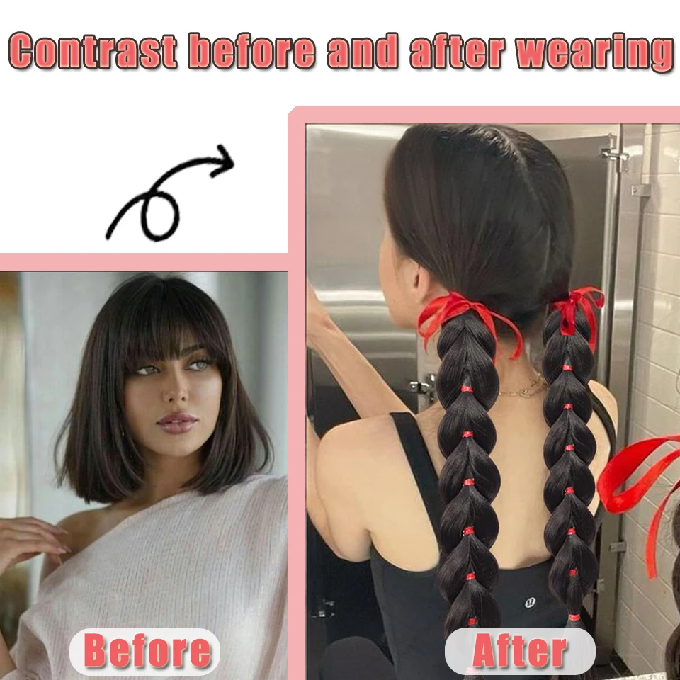 الاصطناعية طويلة تويست جديلة ذيل حصان ملحقات مع شريط مطاطي 18 بوصة الملاكمة وصلات شعر مضفرة للنساء عيد الميلاد اليومي #4