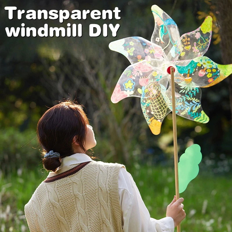 

Outdoor Spring Outing Transparent Windmill Diy Painted Graffiti Hand-painted Blank Hand Rotating Wooden Pole Children's Toys