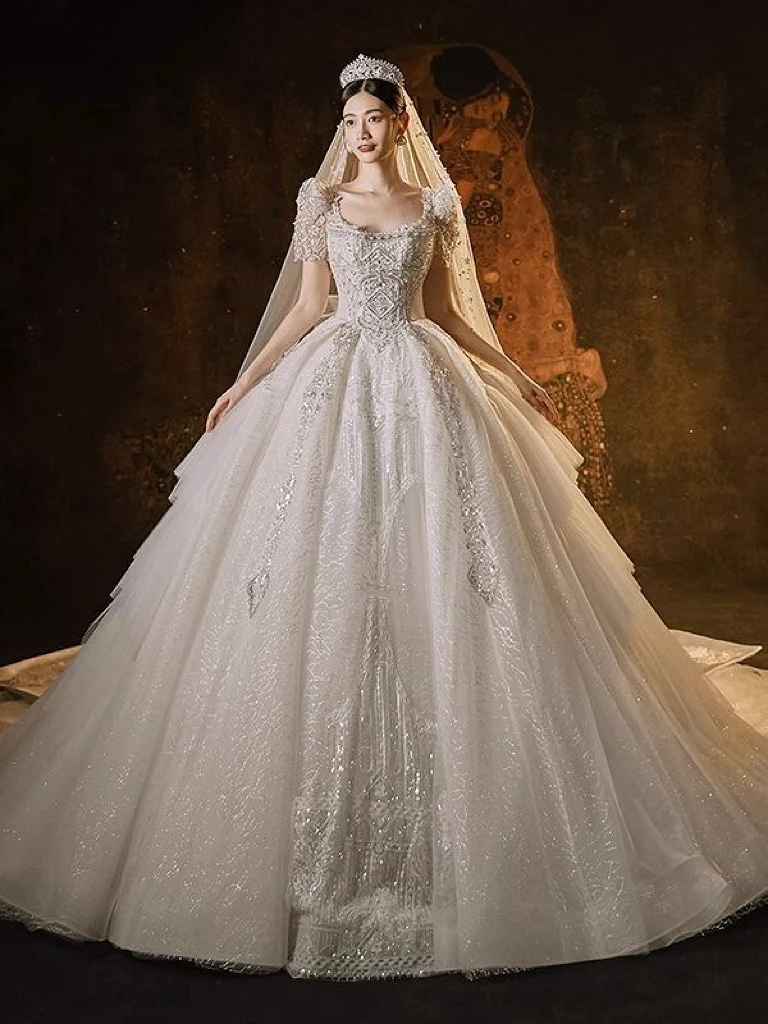 Ball Beading abito da sposa cristallo lusso fiocco manica corta principessa bella illusione indietro 2024 grande treno matrimonio abiti da sposa