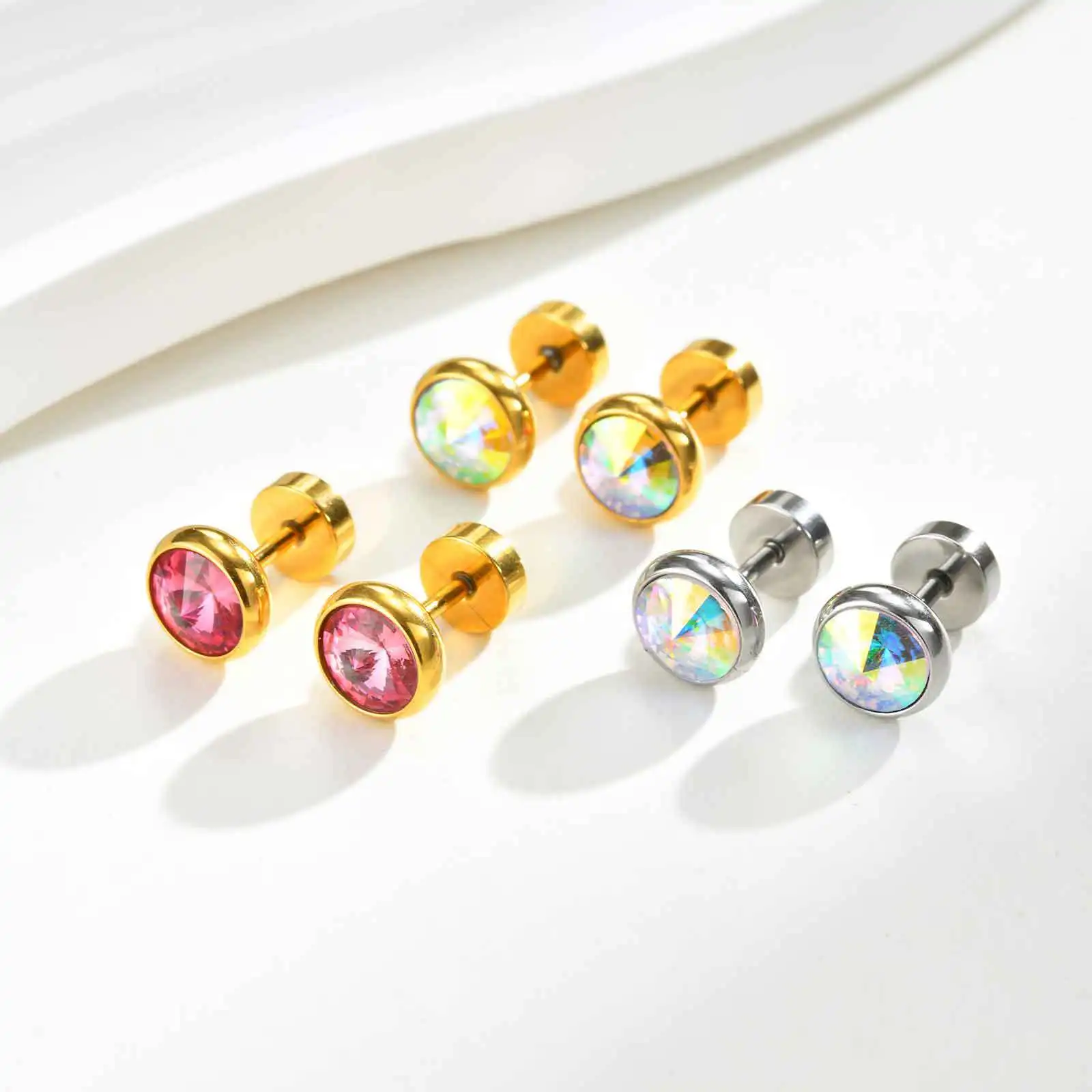 Round Zircon Stud Earrings for Men Women 8mm CZ Stone Stainless Steel Anti Allergy Ear Stud Hip Hop Classic Accessories Gift