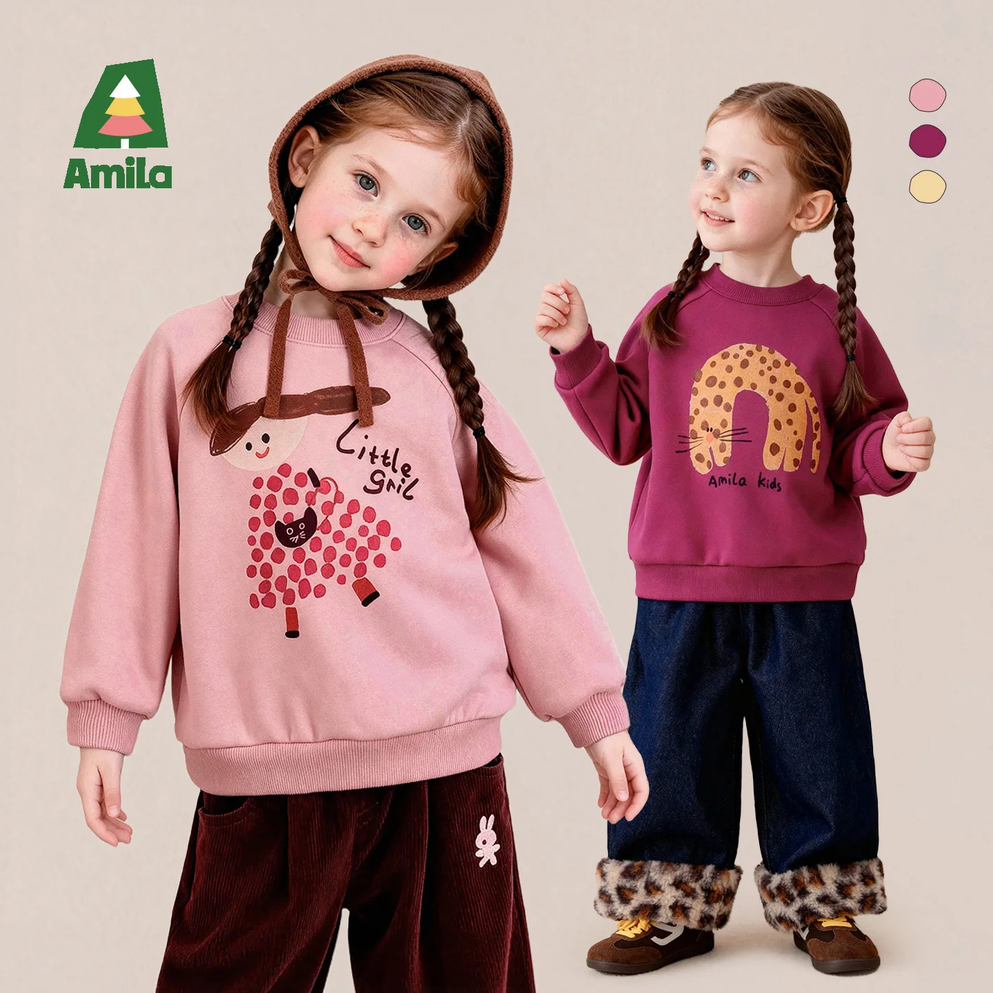 Amila 2026 Winter New Kids Sweatshirt Fleece Lined Hand Drawn Cartoon Print Drop Shoulder Extra Soft Warm Cozy Daily Top