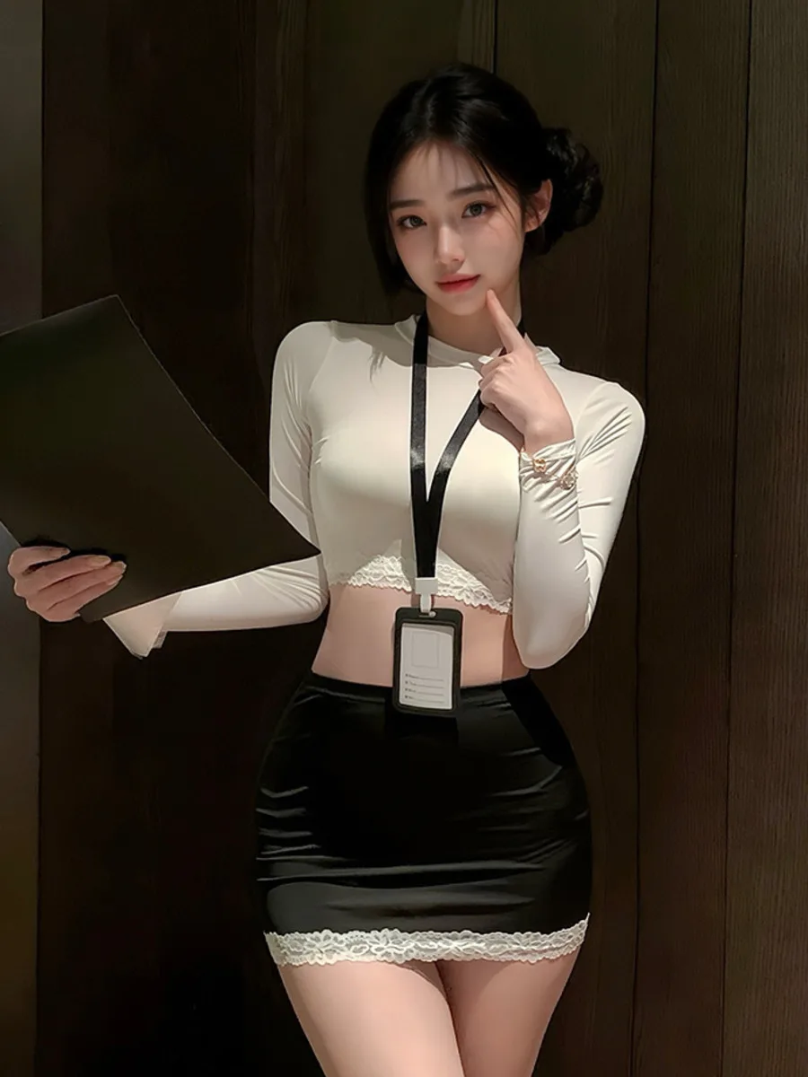 يمزح الدانتيل المشذبة ملهى ليلي Bodycon سكرتيرة الزي بأكمام طويلة الساحرة إغراء يمزح مثير ملابس خاصة تنورة مجموعات SOH2