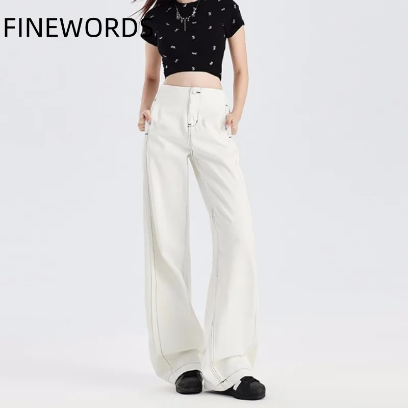 

FINEWORDS 2024 Vintage Casual Wide Leg White Jeans Women Korean High Waist Baggy Jeans Washed Loose Straight Full Length Jeans