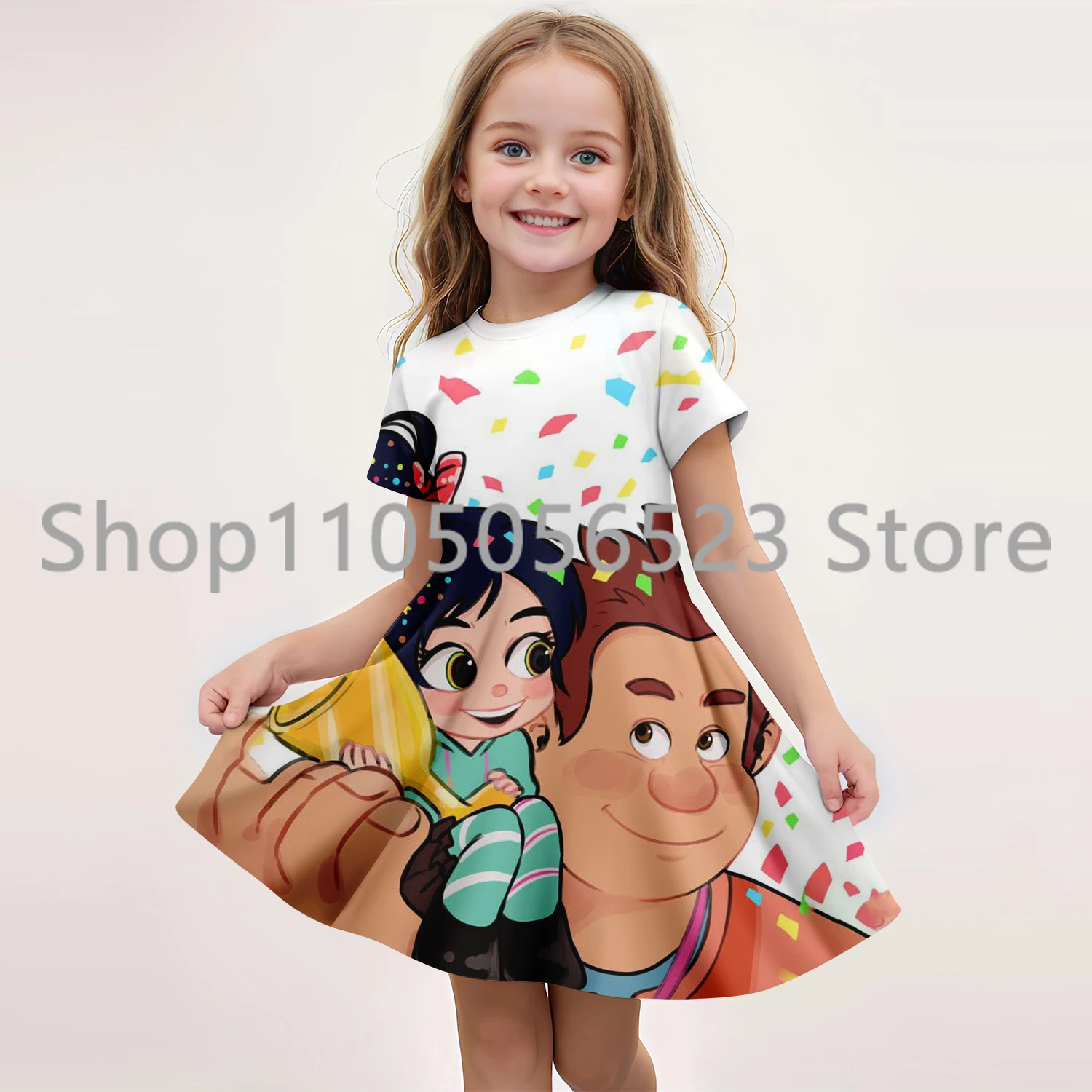 

Новинка лета 2023 года, детская одежда, платье принцессы Wreck-it Ralph с короткими рукавами с 3D принтом, детская одежда для выступлений 7–13 лет