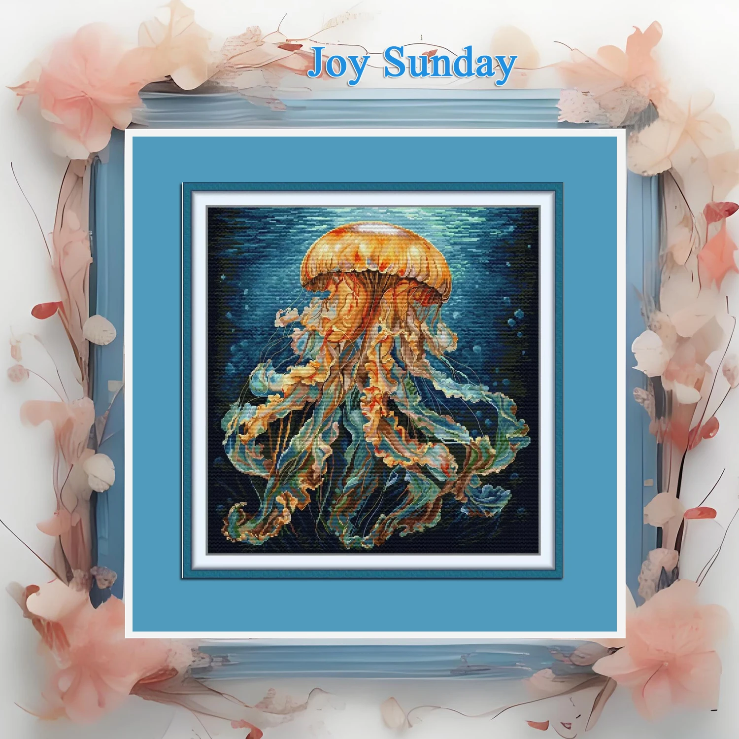 

Joy Sunday New Arrivals Cross Stitch Kit for Adults Printed Pattern Aida Stamped Fabric Embroidery Set-Beautiful Jellyfish