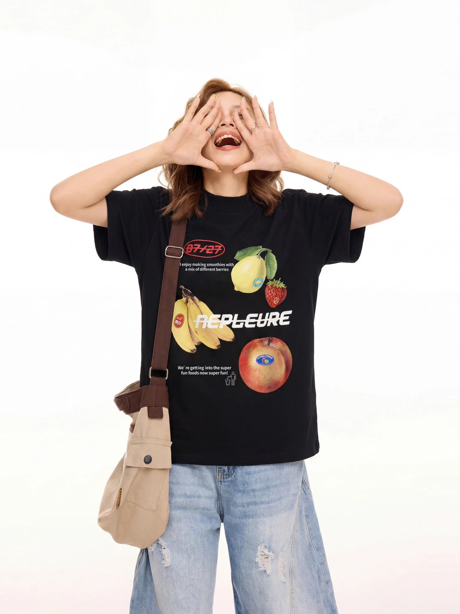 

Black Cotton Short Sleeve T-Shirt Women's High Collar Casual Style Summer Top Streetwear Fruit Print Fashionable Shoulder Fit