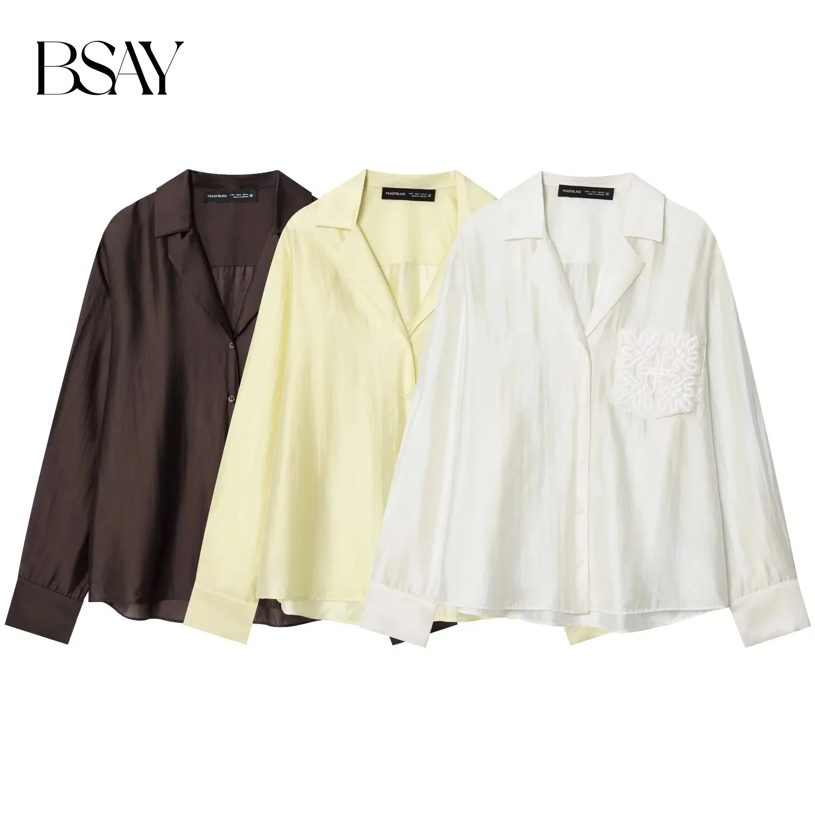 

BSAY Embroidered Pocket Decoration 2025 Autumn New Product Solid Color Loose Collar Single Row Button Long Sleeve Shirt