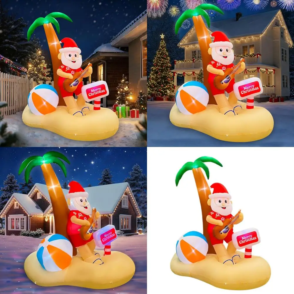 

8-футовый надувной гавайский Санта-Клаус с гитарой, светодиодными фонарями, уличным/внутренним рождественским декором