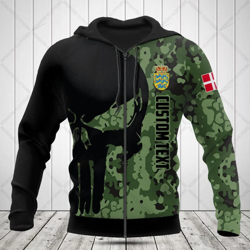 Custom Name Denmark Camo Skull Pattern Zipper Hoodies Loose Unisex Oversize Sweatshirts Winter Casual Streetwear Tops Pullover