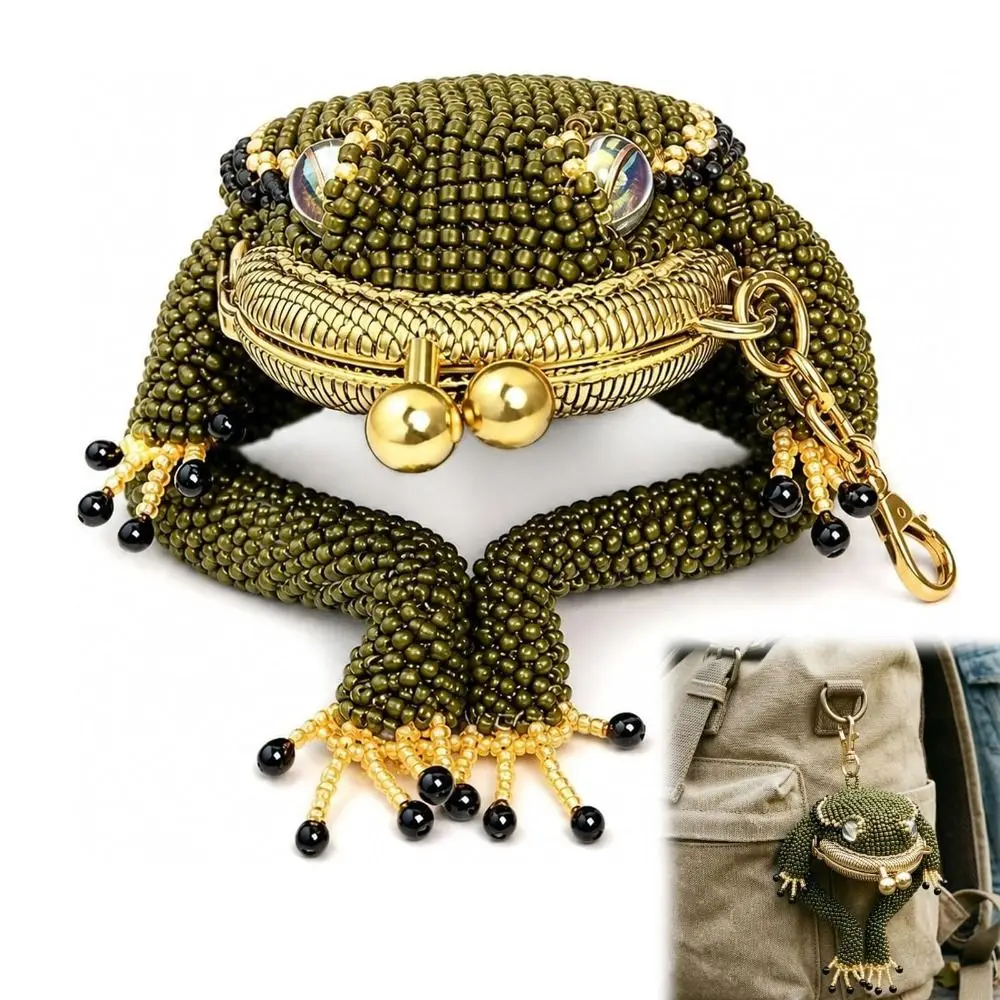 Gifts Mini Charming Frog Coin Purse Kiss Lock Closure 3D Cartoon Style Keychain Coin Purse Beaded Frog Keychain Pouch for Girls