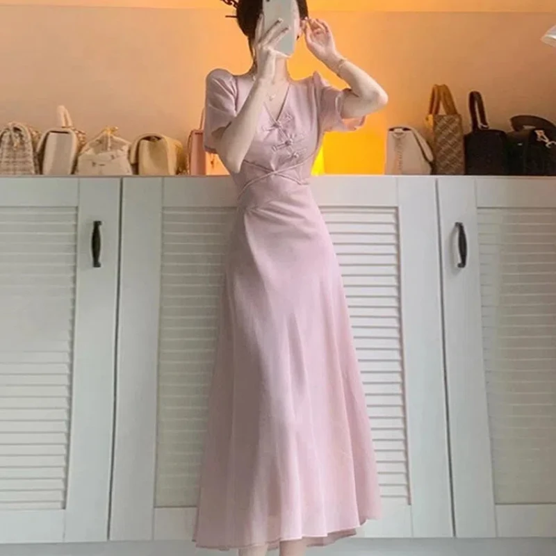 

Chinese Style Modified Cheongsam Temperament Dress for Women in Summer New Style Waist-hugging to Make Them Look Slim High-end