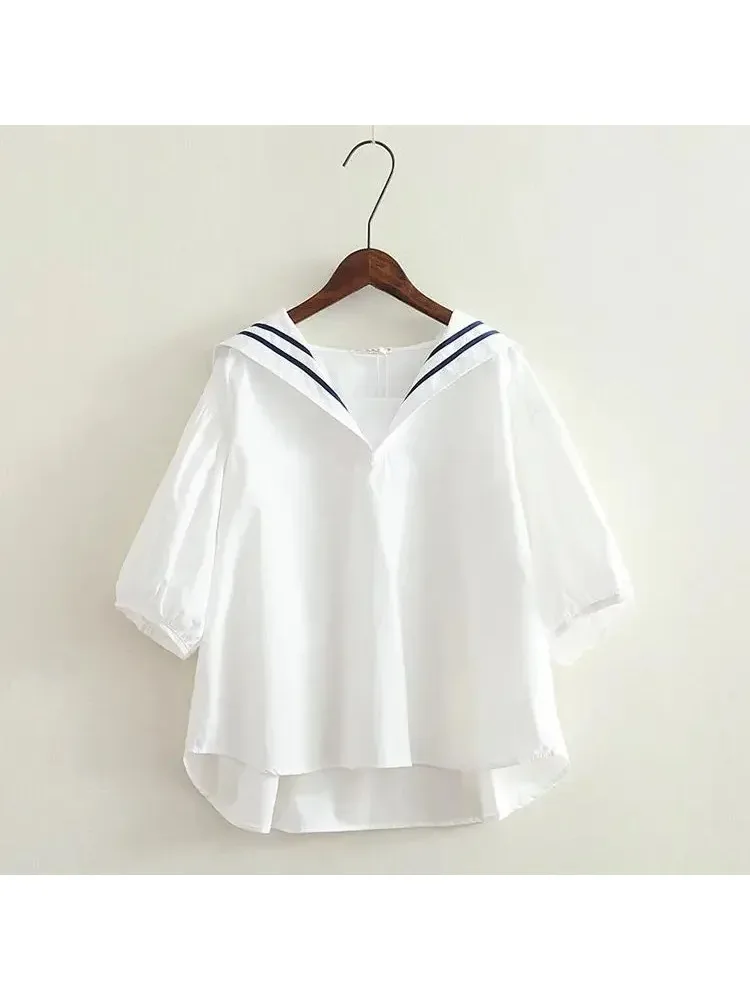 Merry Pretty High Quality Blouses Women Kawaii Harajuku Retro Sailor Collar Summer Puff Sleeve Loose Striped Blusa JK College