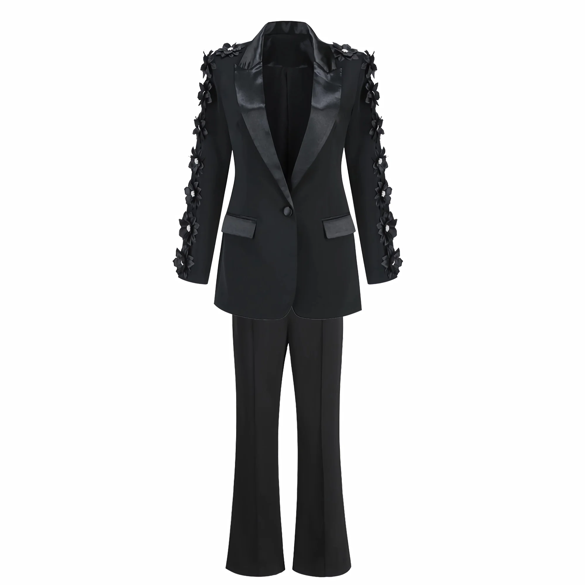 Costume Blazer noir élégant pour femmes, avec embellissements de manches florales 3D, revers en Satin, coupe cintrée, ensemble deux pièces pour vêtements de fête formels