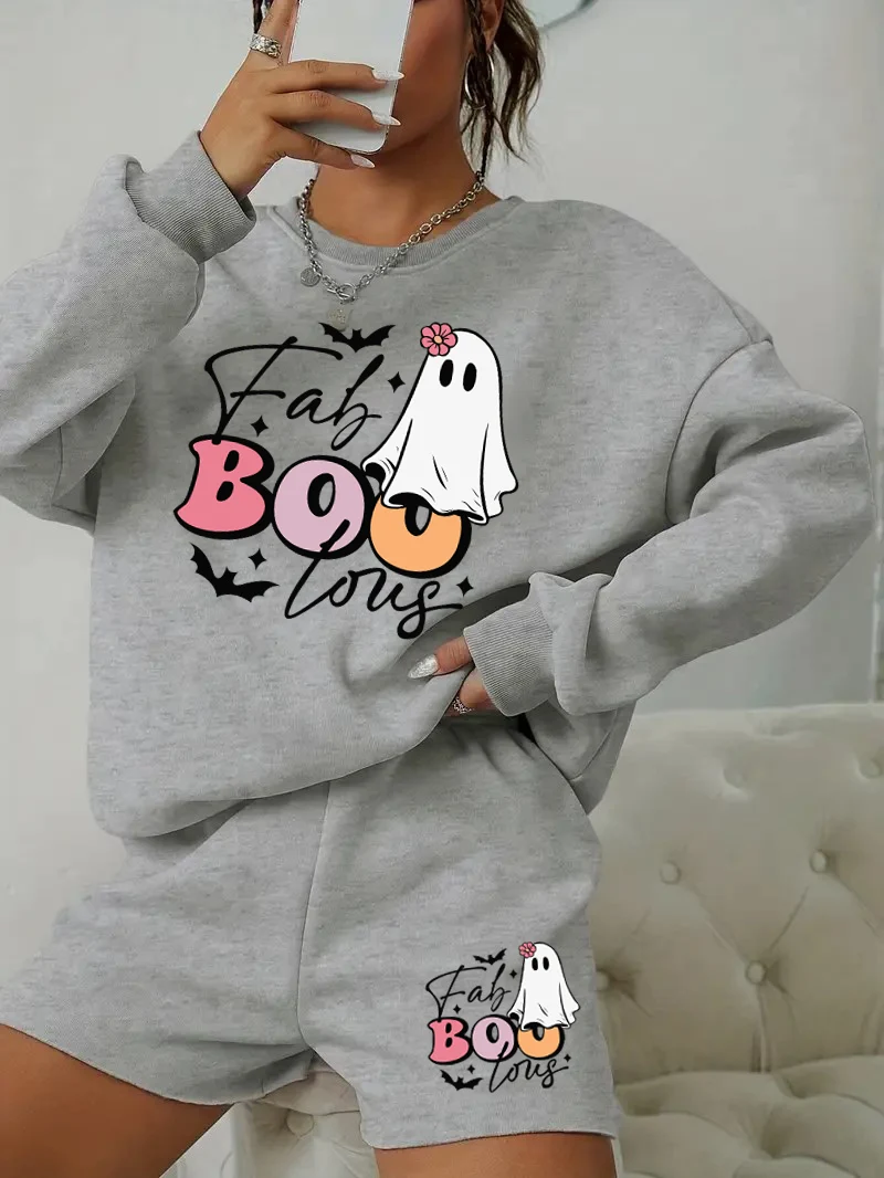 Halloween Ghost pattern 2 sets, women's casual crew neck hoodie with drawstring loose shorts set comfortable women's clothes