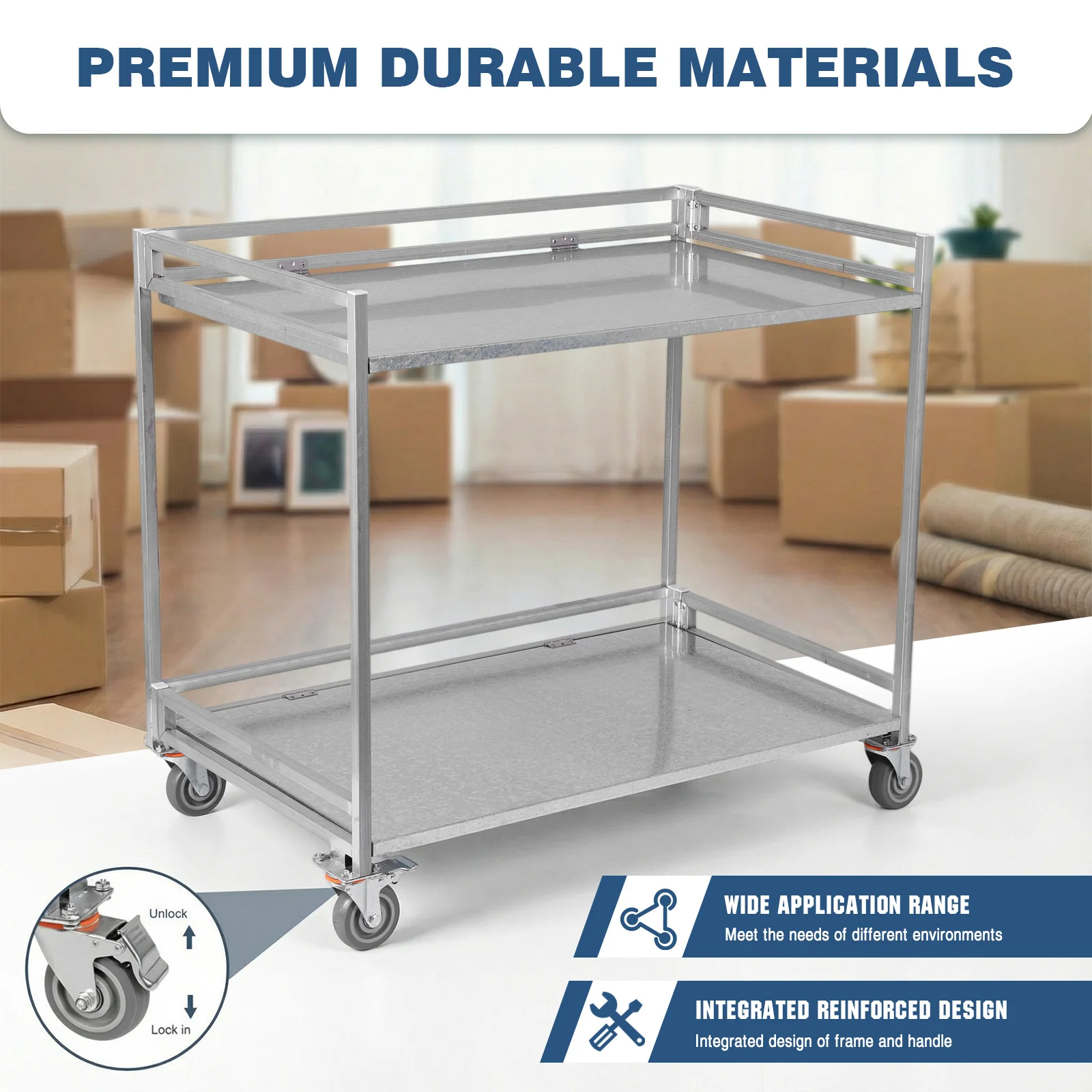 

Тележка для унитаза/обслуживания с 2 полками, складная стальная тележка на колесиках, грузоподъемность 660 фунтов с ручкой для складского гаража