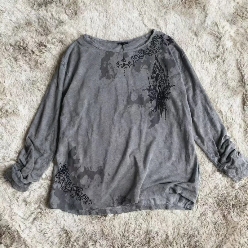 

Y2k Punk Vintage Gray Printing T-Shirt Long Sleeve Streetwear Aesthetic Grunge Slim Tops Harajuku Women Casual 2025 Autumn