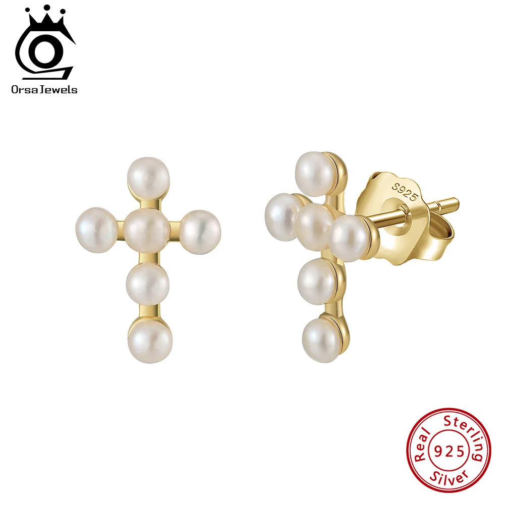 

ORSA JEWELS Genuine 925 Sterling Silver 14K Gold Pearl Minimalist Cross Stud Earrings Natural White Pearl Ear Jewelry GPE108