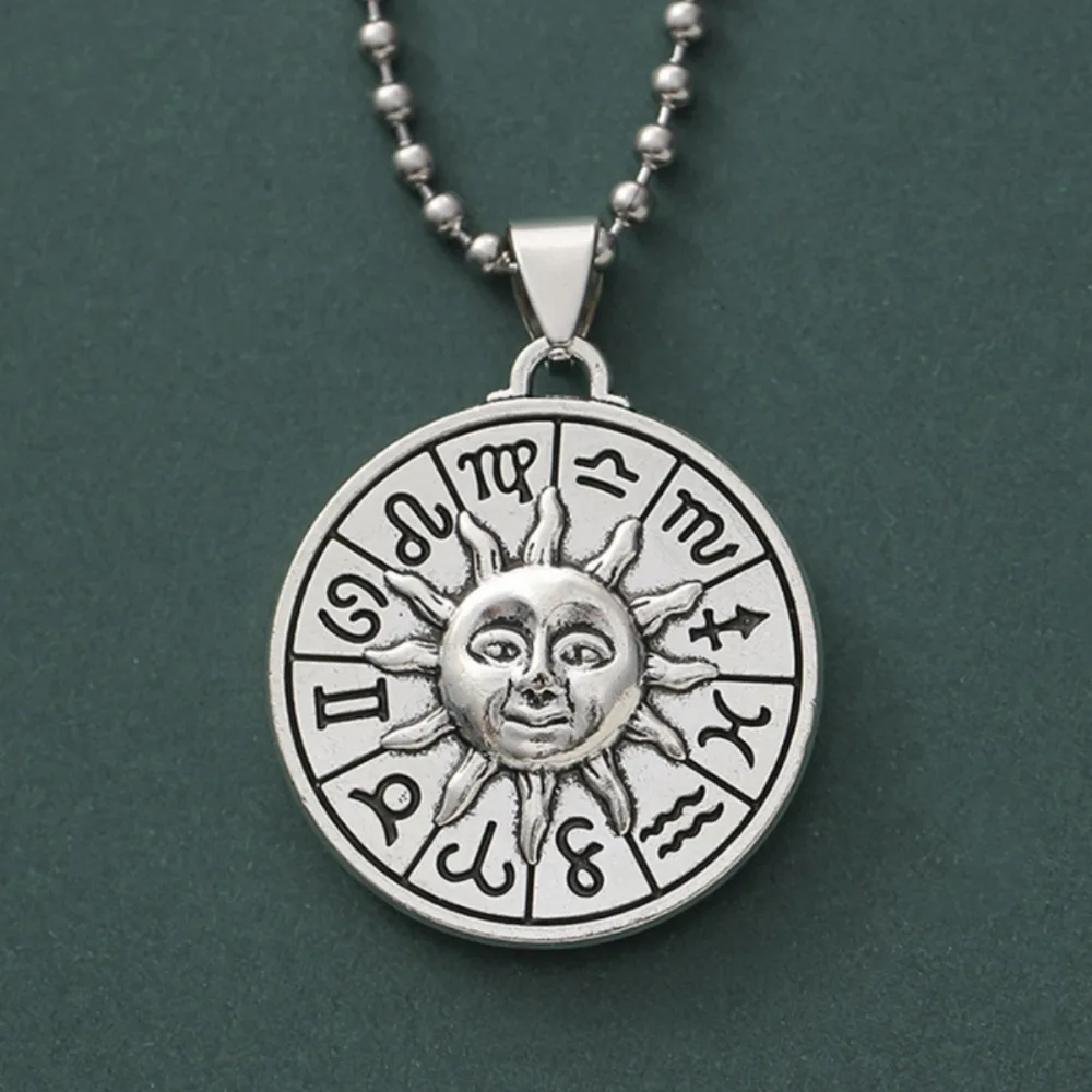 Gothic Retro Twelve Zodiac Signs Engraved Stereo Abstract Human Face Sun Pendant Necklace for Men Women Fashion Jewelry Gift