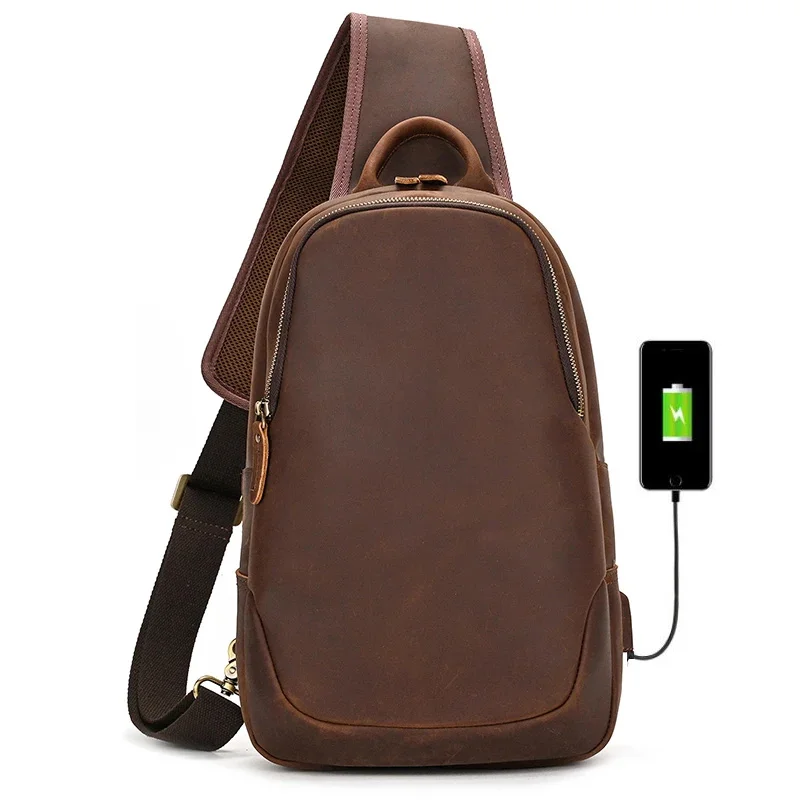 Men's chest bags leather packs pack usb cable crossbody outdoor sports pack single shoulder anti theft male