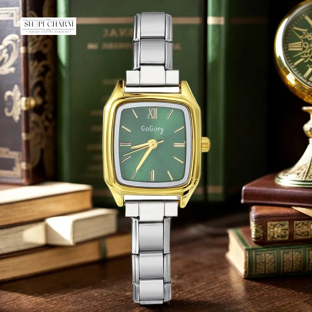 Shopi أزياء المعصم ووتش الفضة الذهب مربع الفولاذ المقاوم للصدأ الإيطالية سحر سوار النساء الرجال الكوارتز بالجملة انخفاض الشحن