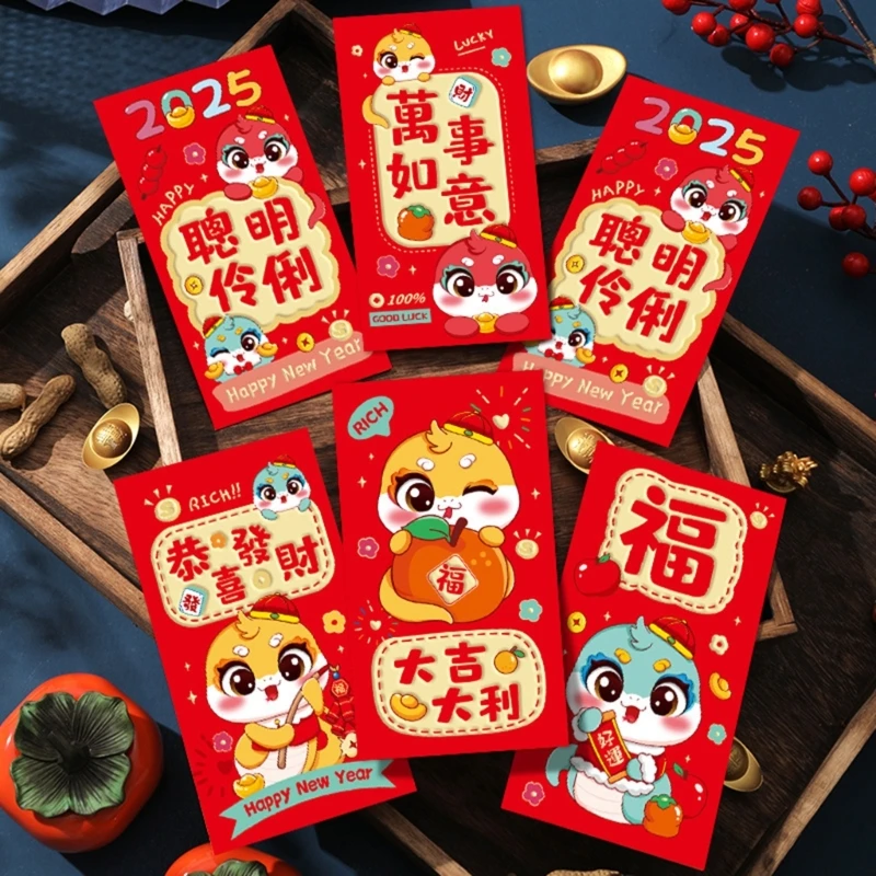 6 Count 2025 Snake Zodiacs Redness Envelopes for Chinese New Year Celebration Practical Spring Festival Money Packets 203C